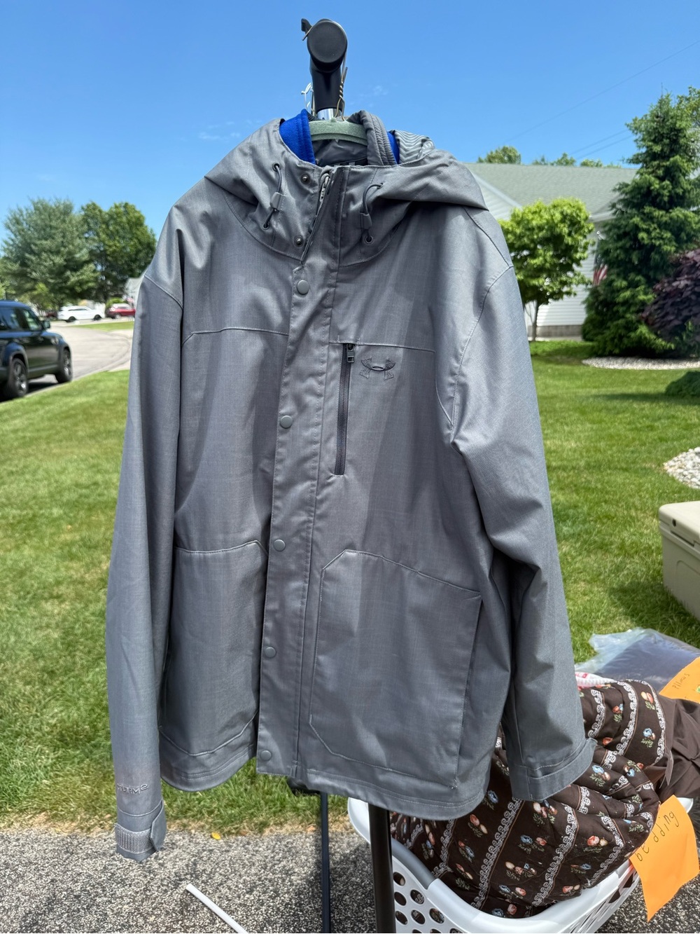 Under Armour Men's Gray Hooded Rain Jacket with Blue Lining